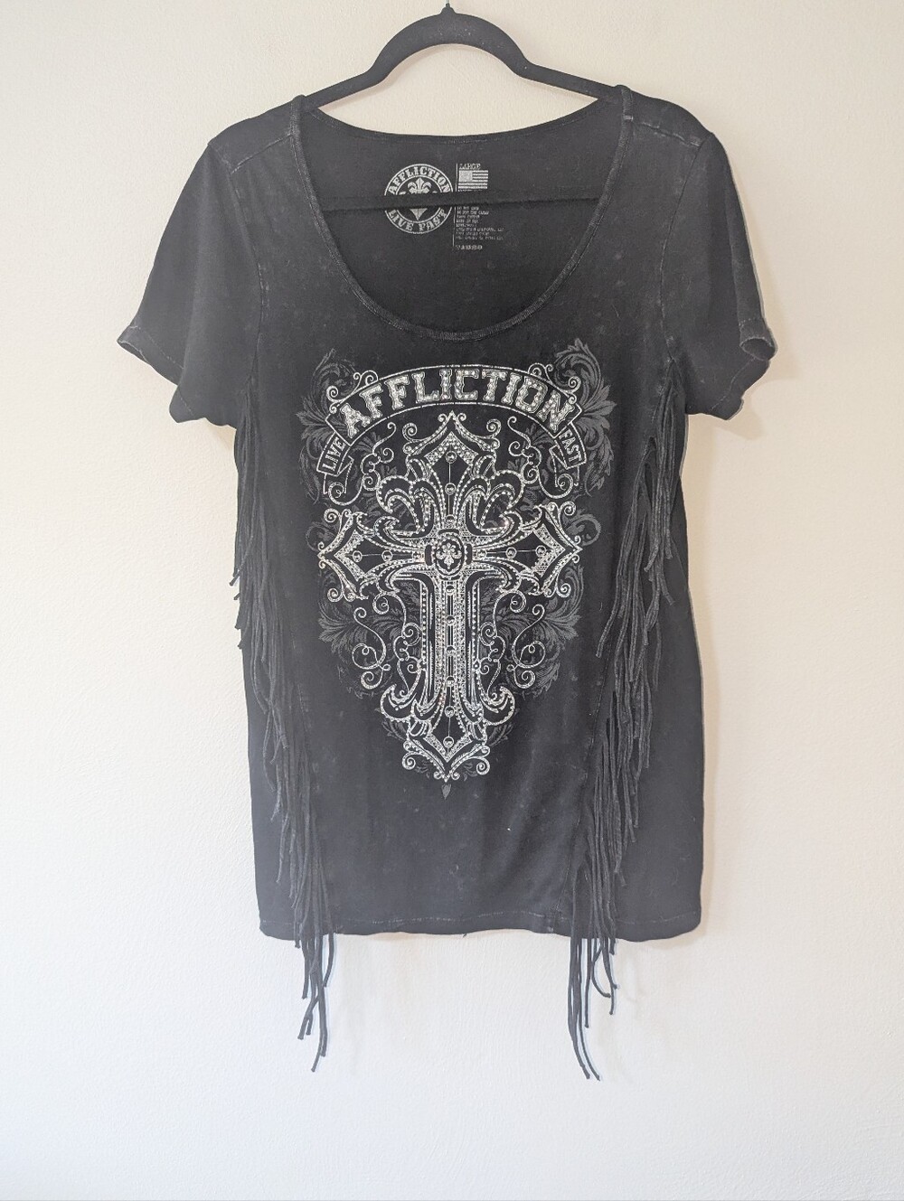 L Affliction Black Embellished Y2K Fringe Top